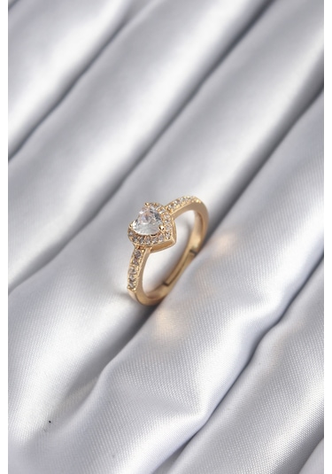 Pirinç Gold Renk Zirkon Taşlı Kalp Charm Model Kadın Yüzük Bakır