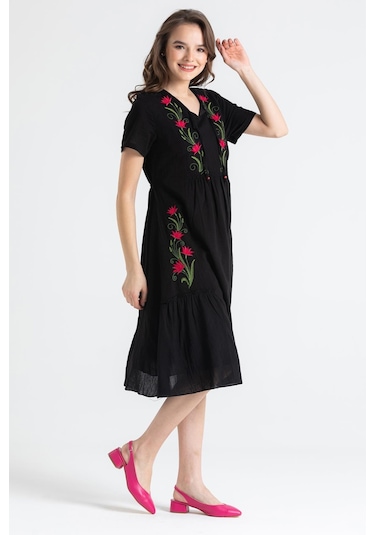 Kısa Kol Şile Bezi Lalezar Nakışlı Midi Boy Elbise Siyah Syh-siyah Siyah