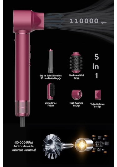 Pro Compact Uzun Multi-styler Hava Üfleme 5in1 Saç Şekillendirici Bldc Shd-1729 Royal Gilded Red Bordo