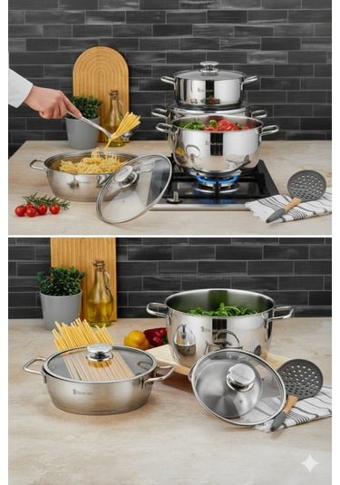 Polochef Vistal 18/10 Paslanmaz Çelik 8 Parça Derin Ve Pilav Tencere Seti 16-20-24 Cm-24cm Gümüş