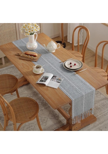 Gri Rustik Masa Koşucular, El Yapımı Püsküllü, Vintage Dokuma Pamuk Keten Masa Koşucu Uzun Parti Yemek Masası Dekorasyonu İçin 33 220