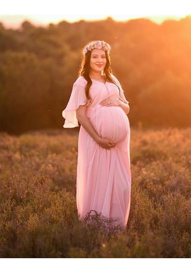 Modalabio Moda Labio- Babyshower Melek Kol Hamile Elbisesi Pudra