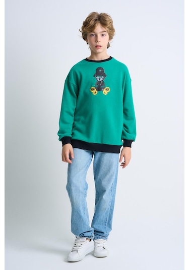 Alexandergardi Alexandergardı Baskılı Bisiklet Yaka Çocuk Sweatshirt Koyu Yeşil