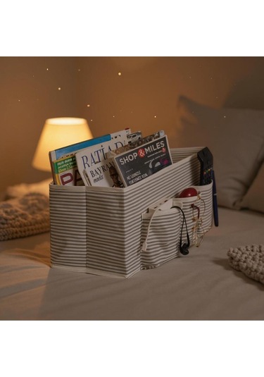 Başucu Düzenleyicisi Gri Çizgili Organizer Kutu Klasik 35x22x22 Cm Gri-beyaz