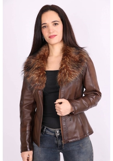 Kahverengi Hakiki Deri Çıkarılabilir Kürk Yakalı Mont Kaban