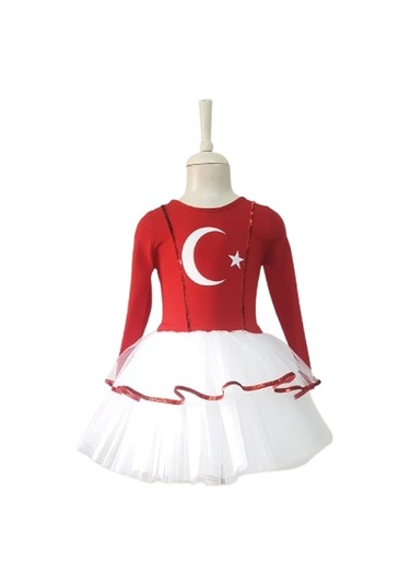 Türk Bayraklı Milli Bayramlar 4-5 Yaş Beyaz Tütülü Kırmızı Beyaz Kostüm