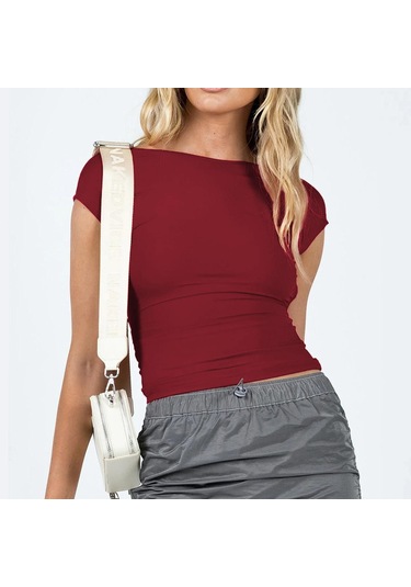 Şarap Kırmızısı Kadın Yaz Backless Kıyafetler Streetwear O-boyun Kısa Kollu Slim Fit Tişörtler Nefes Kırpılmış Üst İki Yolu Giyen Xs-l
