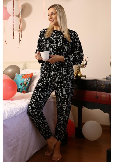 Akbeniz Kadın Uzun Kol 3 İplik Penye Pijama Takım 4180 - L Siyah