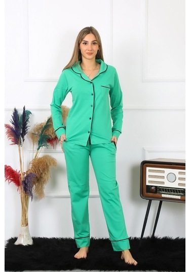 Akbeniz Kadın Pamuk Penye Önden Düğmeli Uzun Kol Yeşil Pijama Takım 2782-yesil Yeşil