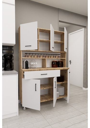 Zimbal Çok Bölmeli Dekoratif Mutfak Dolabı Atlantik Çam-beyaz Beyaz Kapak