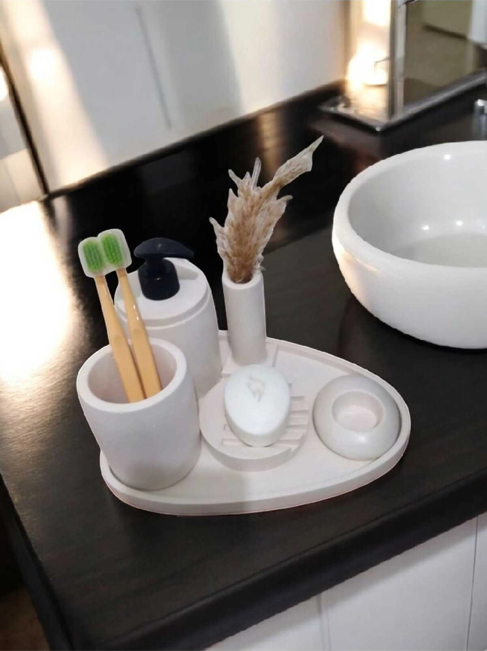 6'lı Kırık Beyaz Beton Banyo Seti Sıvı Sabunluk Diş Fırçalığı ,tepsili,mumluklu Aksesuar Takım Beyaz