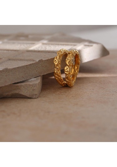 Eetit Paslanmaz Çelik Yuvarlak Yüzükler Kadınlar Için Altın Doku Metal Bildirimi Trendy Takı Hediye Altın