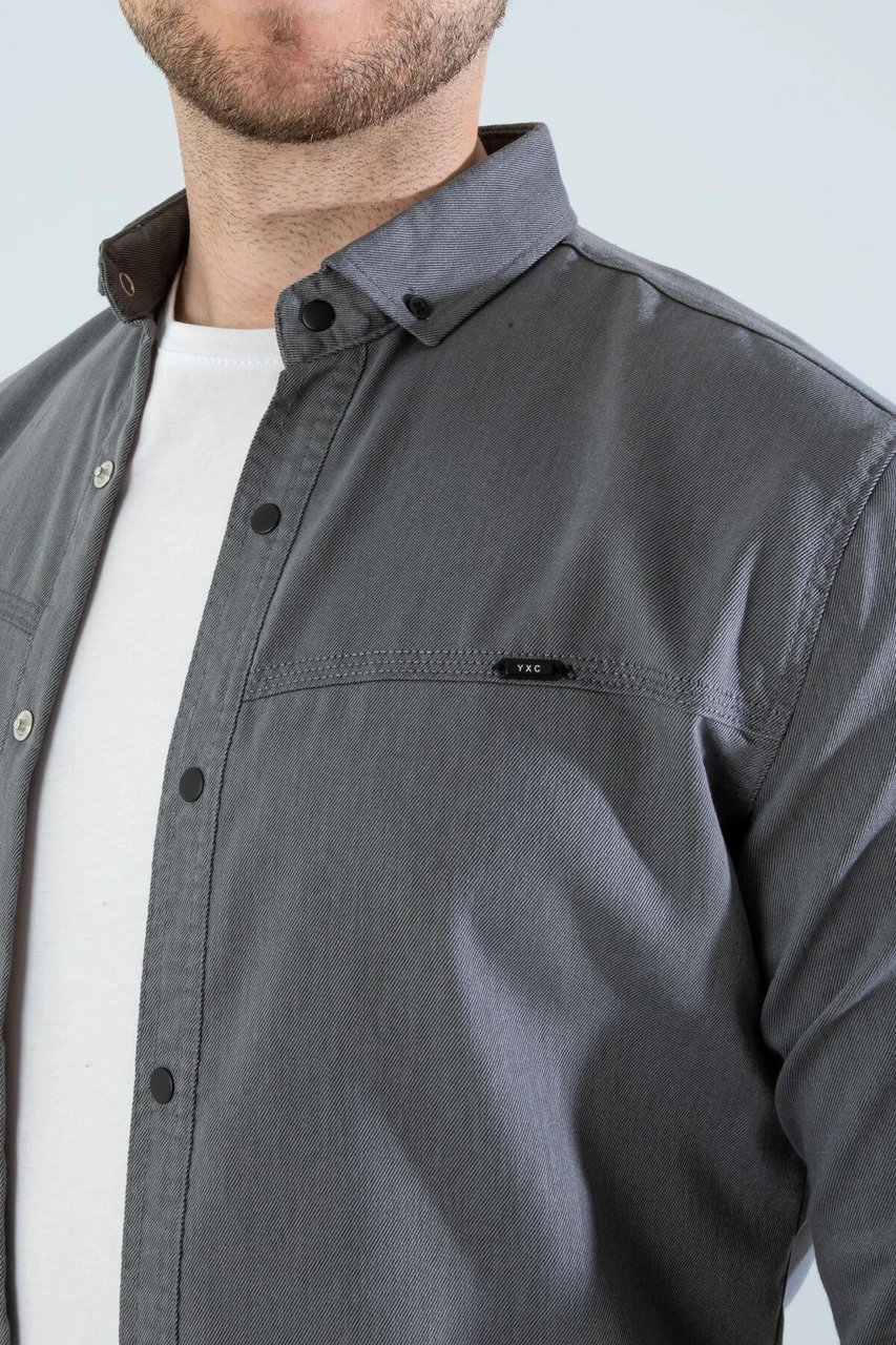 Slim Fit Erkek Cepsiz Kot Gömlek Gri