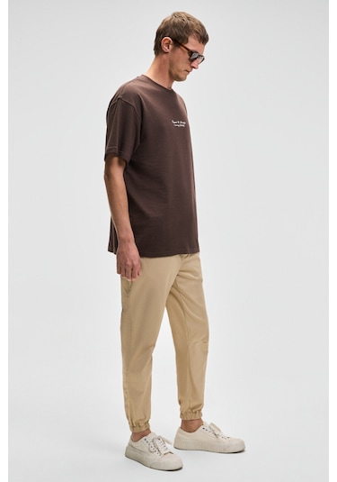 Jakob Erkek Dokuma Yıkamalı 4 Cepli Kalın Dokulu Paçası Lastikli Bej Pantolon