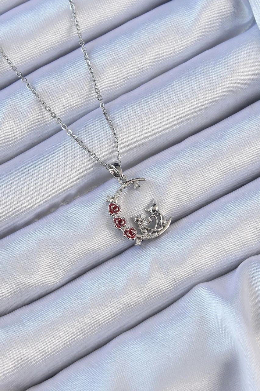 Dodes 316l Çelik Zincir Gümüş Renk Kırmızı Gül Detay Kedi Figür Zirkon Taşlı Ay Kolye Tg27bko9130 Çok renkli