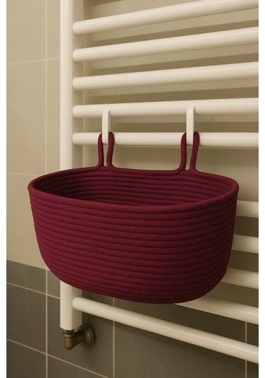 Dekoratif Askılı Banyo Sepeti 18 40 16 Cm Saklama Ve Düzenleyici Hasır Jüt Sepet Organizer El İşi Mürdüm