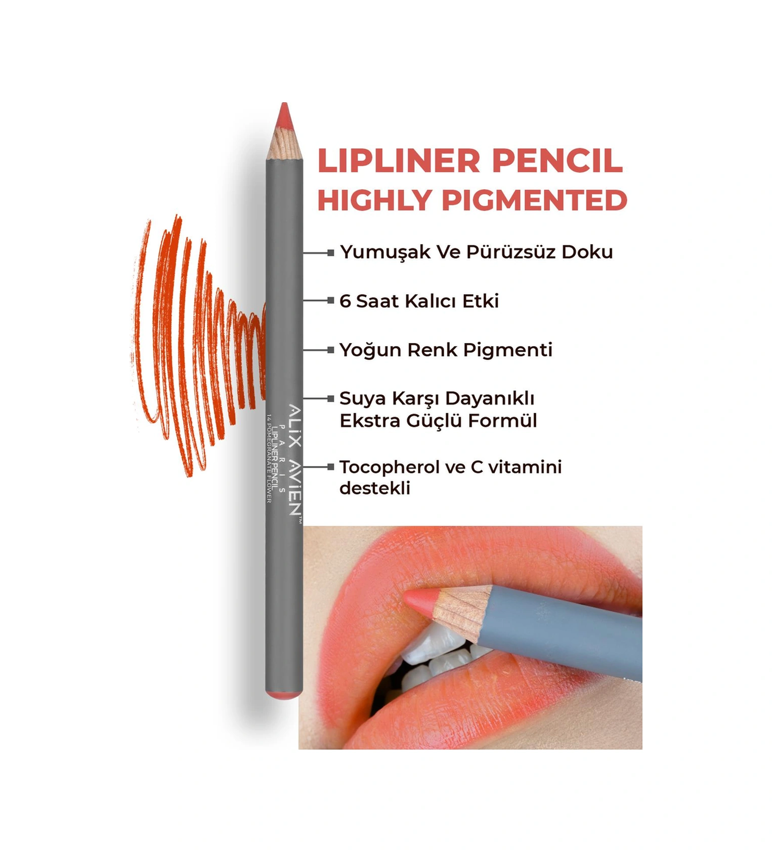 Alix Avien Uzun Süre Kalıcı Dağılma Yapmayan Nemlendirici Dudak Kalemi Lipliner Pencil 14 Pomegranate Flower