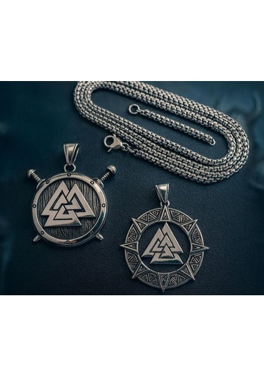 Viking Kolye Seti 2'li Valknut Sembollü Paslanmaz Çelik Erkek Kolye Gümüş