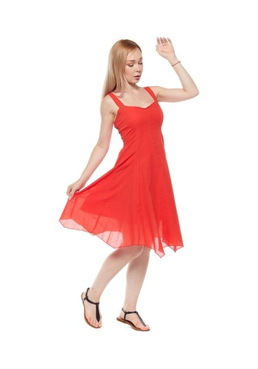 Kırmızı Askılı Vual Asimetrik Yazlık Elbise