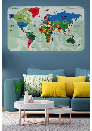 Türkçe Eğitici Ülke Ve Başkent Okyanus Detaylı Atlası Dünya Haritası Duvar Sticker -60x105-3840 Renkli