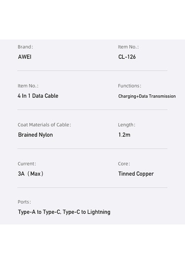 Awei Cl-126 1.2m 4 İn 1 Usb Usb-c / Tip-c 8pin Veri Hızlı Şarj Kablosu Mavi