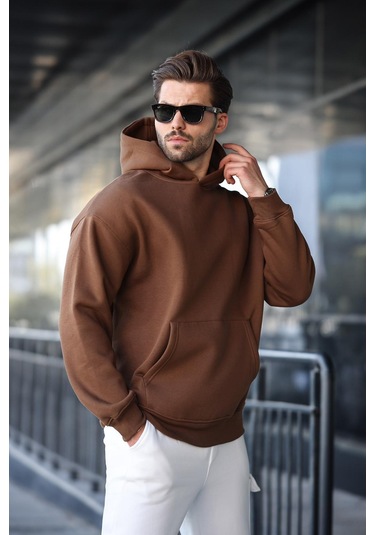 Kahverengi Kapüşonlu Kanguru Cep Erkek Sweatshirt E7169 Kahverengi