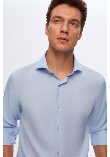 D'S Damat Ds Damat Slim Fit Mavi Italyan Yaka Armürlü Uzun Kollu Kolay Ütülenebilir Nefes Alan Dört Mevsim Göm 2HF02ORT3185 Mavi