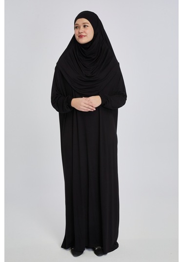 Pratik Başörtülü Rahat Giyilebilen Organik Tek Parça Namaz Elbisesi Siyah