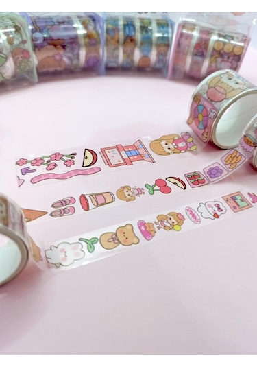 Fiyonk Çantalı Şirin Kız Ayı Tavşan Şeffaf Desenli Bant - Pembe 1