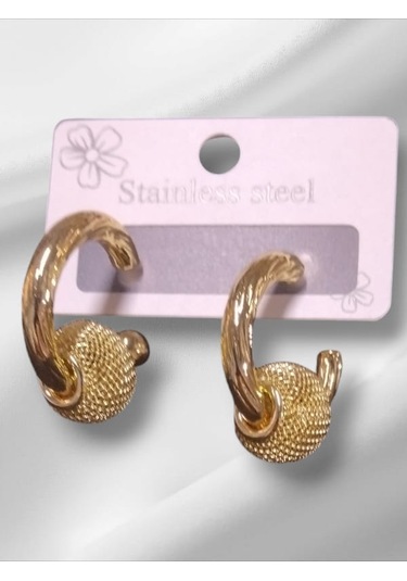 Kum İşçilik Halka Detay Çelik Küpe Gold