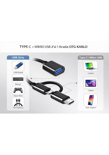Type-c + Micro Usb 2 Si 1 Arada Otg Kablo Usb 3.0 Tak & Çalıştır 1 Adet