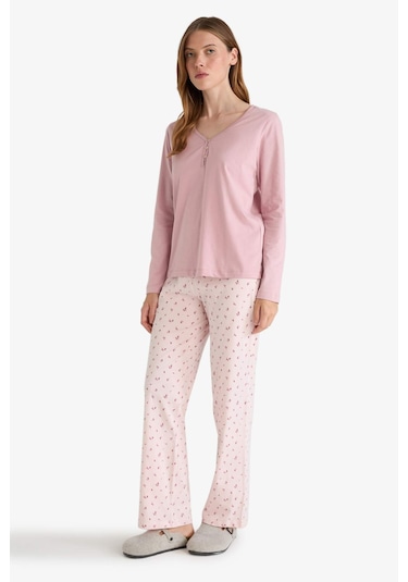 Defacto Pijama Takımı Regular Fit Uzun Kollu Üst Desenli Uzun Alt-fall İn Love G0229ax25aupn364 Pembe