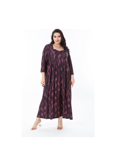 Kadın Büyük Beden Mürdüm Belden Büzgülü Kare Yaka Kapri Kollu Elbise 65n38247-mürdüm Mürdüm