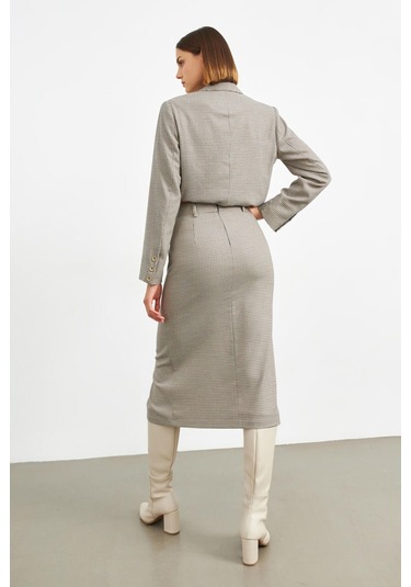 Stella Pulvis Kahverengi Pötikare Yırtmaçlı Midi Kalem Etek Kahverengi