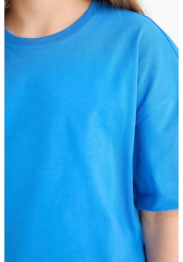 Defacto Kız Çocuk Relax Fit Bisiklet Yaka Basic Düz Kısa Kollu Tişört Z5095a625smbe124 Mavi