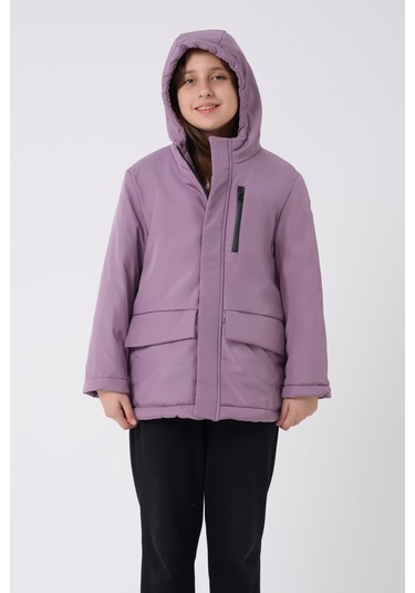 Kız Çocuk Mürdüm İçi Kürklü Su Ve Rüzgar Geçirmez Kapüşonlu 3 Cep Kışlık Mont & Kaban & Parka Mürdüm