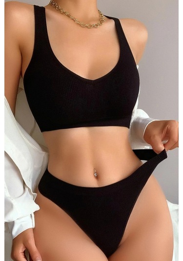 Kadın Siyah Desteksiz Seamless Tangalı İç Çamaşır Takımı Çok Renkli