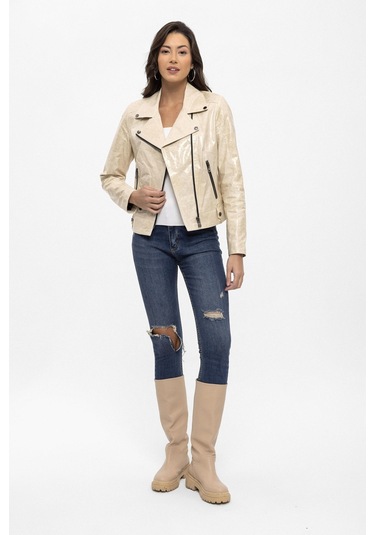 Bej Merlot Çıt Çıt Detaylı Yandan Fermuarlı Biker Motorcu Hakiki Deri Kadın Mont-bej Bej