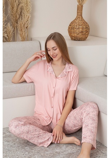 Anne Kız Kombin Çiçekli Kısa Kollu Gömlek Pijama Takımı Anne Kız Ayrı Satılır Pembe