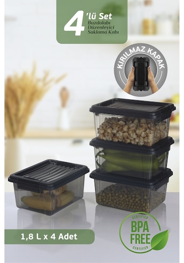4'lü Set 1800 Ml Kilit Kapaklı Erzak Saklama Kabı Difriz Buzdolabı Düzenleyici Saklama Kutusu Siyah Siyah