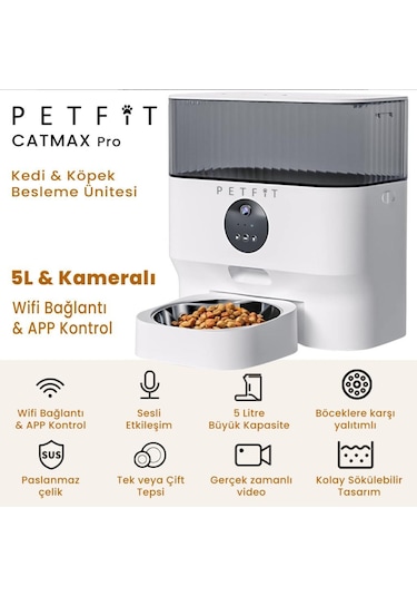 Petfit Catmax Pro 5l Wi-fi Kameralı Akıllı Otomatik Kedi Köpek Mama Kabı Besleme Ünitesi Sesli Komut+çelik Kase+app Kontrol