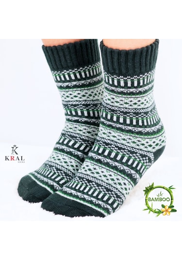 Özel Üretim 3 Çift Kalın Kışlık %100 Yün Çizgili - Motif Desenl Asorti