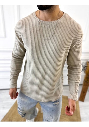 Uzun Kollu Tişört Fitilli Bisiklet Yaka Yumuşak Dokulu Tüylenmez Pamuklu Kazak Sweatshirt Krem