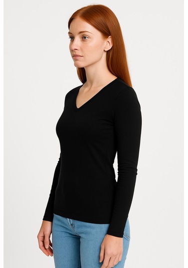 Kadın Siyah Uzun Kollu Unisex Kalıp T-shirt-d236-k Siyah