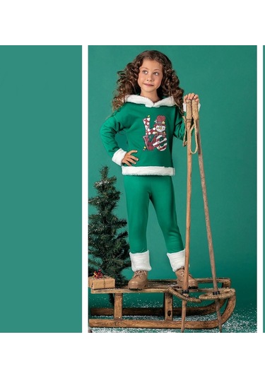 Unisex Çocuk Yılbaşı Christmas Noel Temalı Elf Model Kapüşonlu 3 İp Şardonlu 2 Parça Alt Üst Takım Yeşil