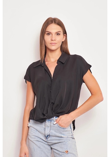 Likrasız Şık Kumaş Yakalı Düşük Omuzlu Önü Pileli Gömlek-siyah Siyah