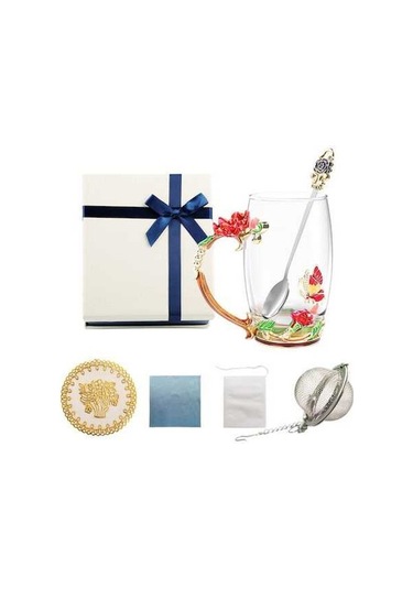 Novahub Aiseely Şık Çiçek Desenli Kırmızı Cam Çay Seti: Bardak, Kaşık, Hediye Kutusu Ve Çay Poşetleri Çok Renkli