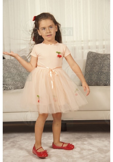 Tüllü Astarlı Esnek Kirazlı Elbise Kısa-somon Somon