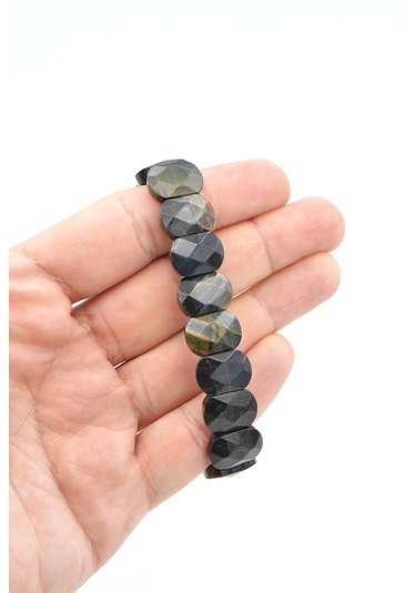 Murty99 Oval Kesim Hakiki Siyah Kaplan Gözü Taşı Bileklik Sarı - Siyah