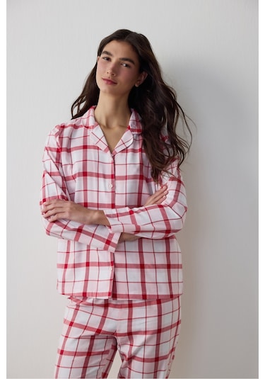 Penti Gül Kurusu Modal Ekoseli Gömlek Yaka Düğmeli Pamuklu Pijama Takımı